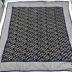 Leslie Fay 100% Silk Scarf Black, White w/Blue & CheckerBoarders Paisley Center
